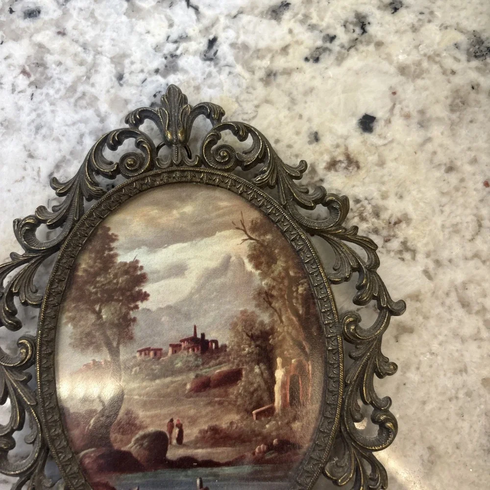 Small Ornate Patina Gold Filigree Oval Frame Florentine Landscape Print Art VTG